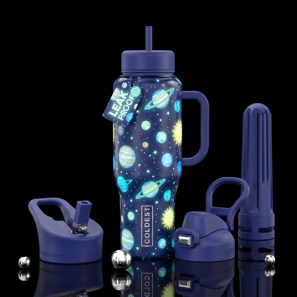 Glow in the dark planets water bottle design