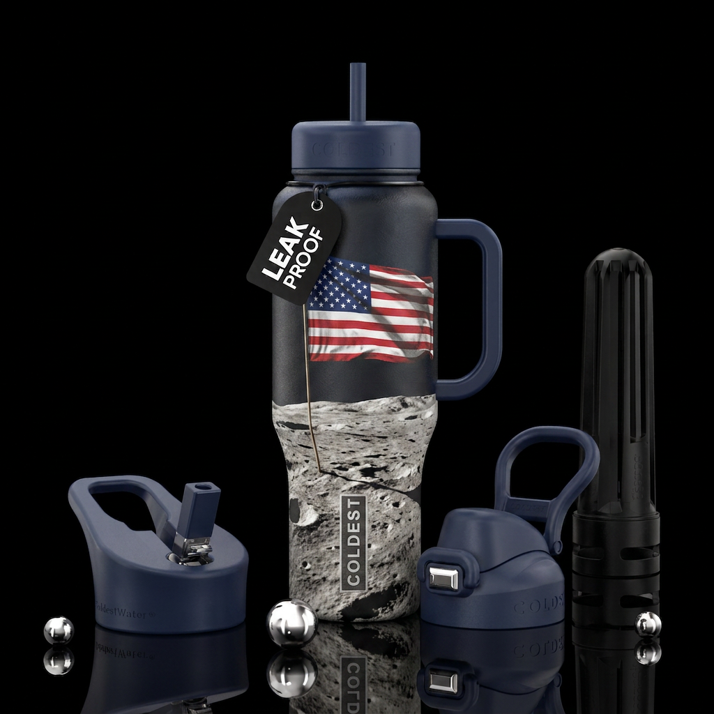 American flag on the moon water bottle design