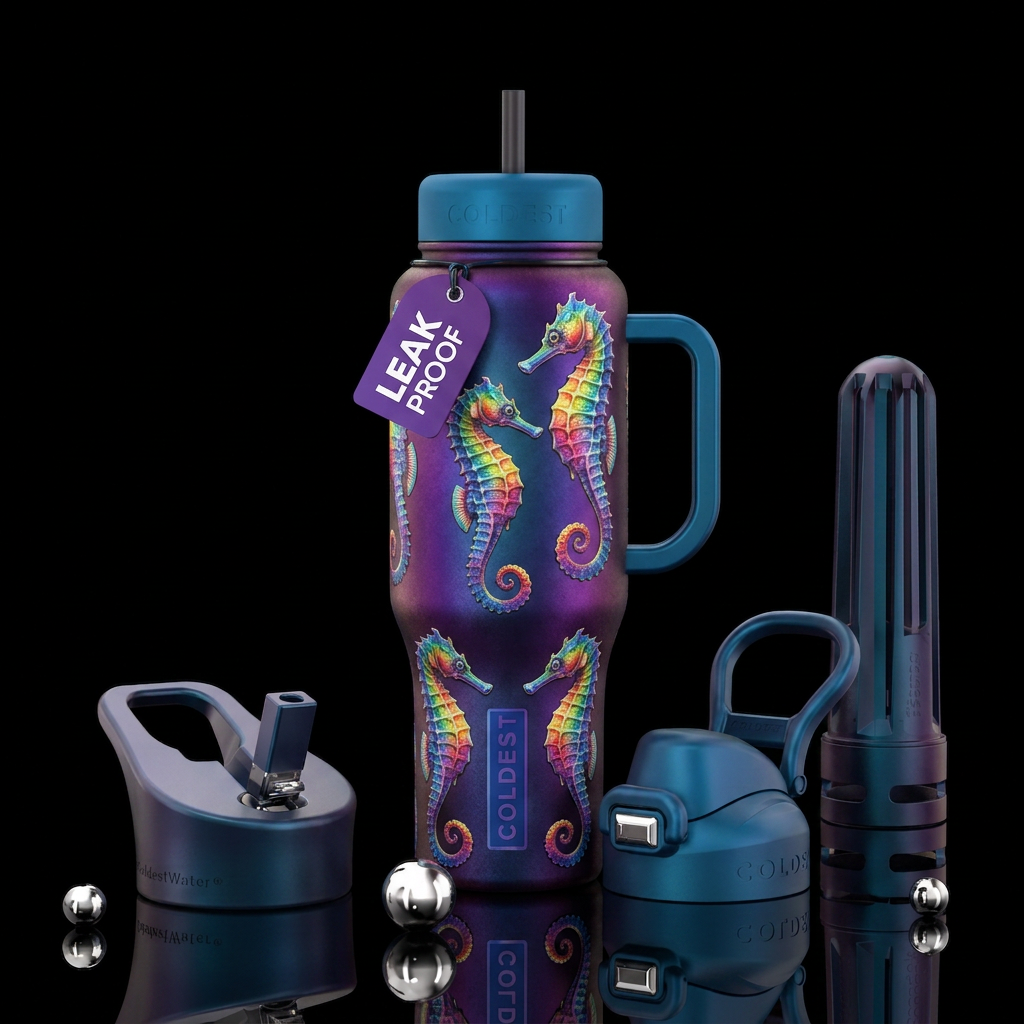 Rainbow seahorses water bottle design