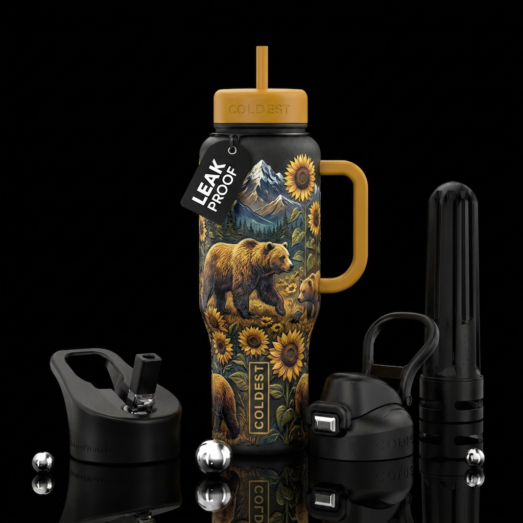 Bears, sunflowers, mountains water bottle design