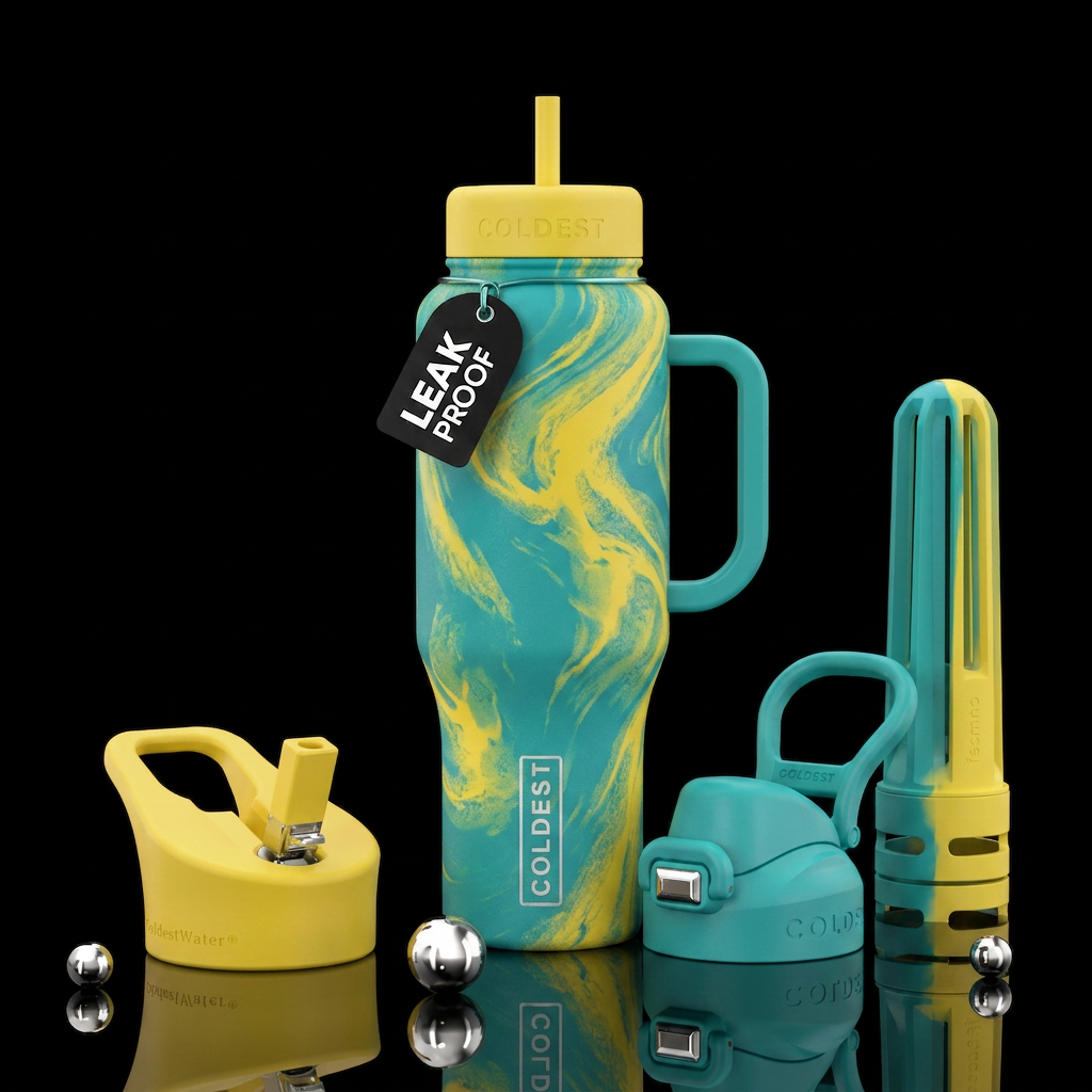 Teal and yellow water bottle design