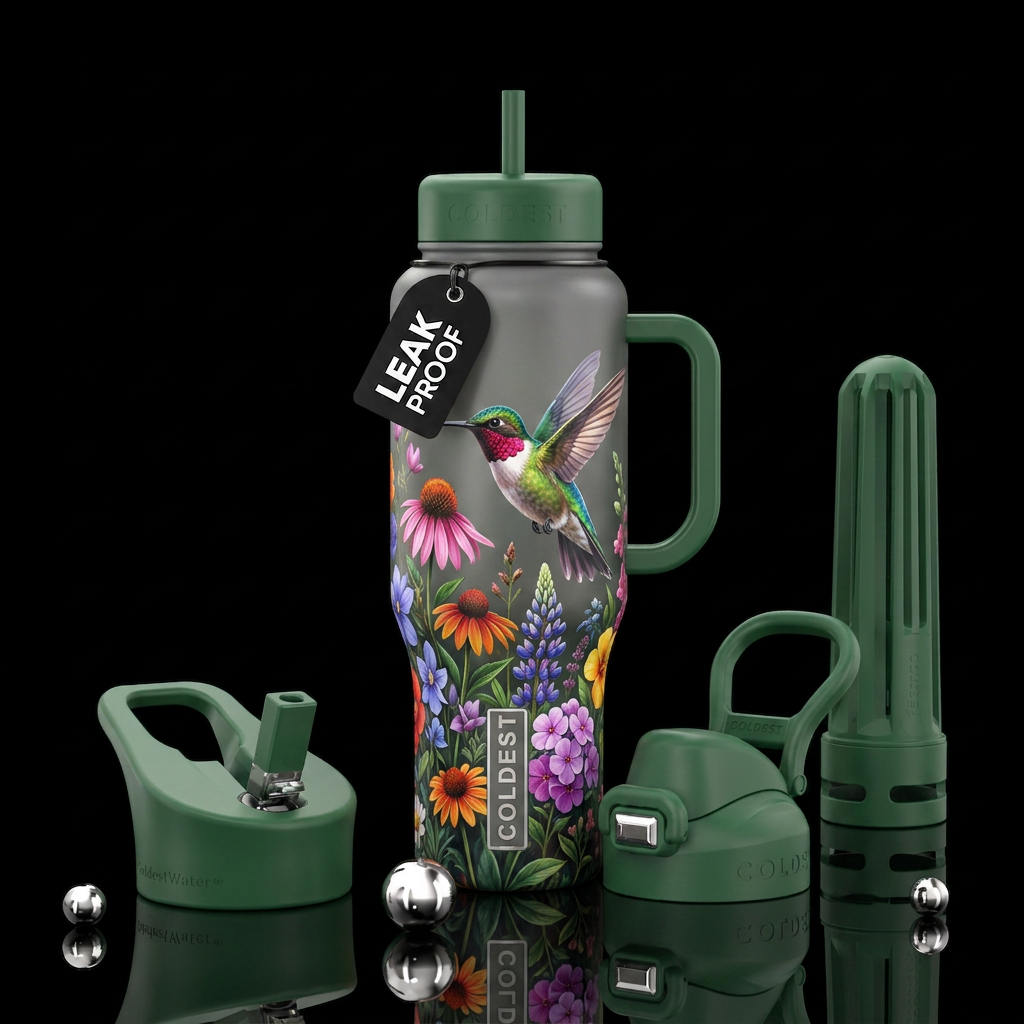 hummingbird, wildflowers water bottle design