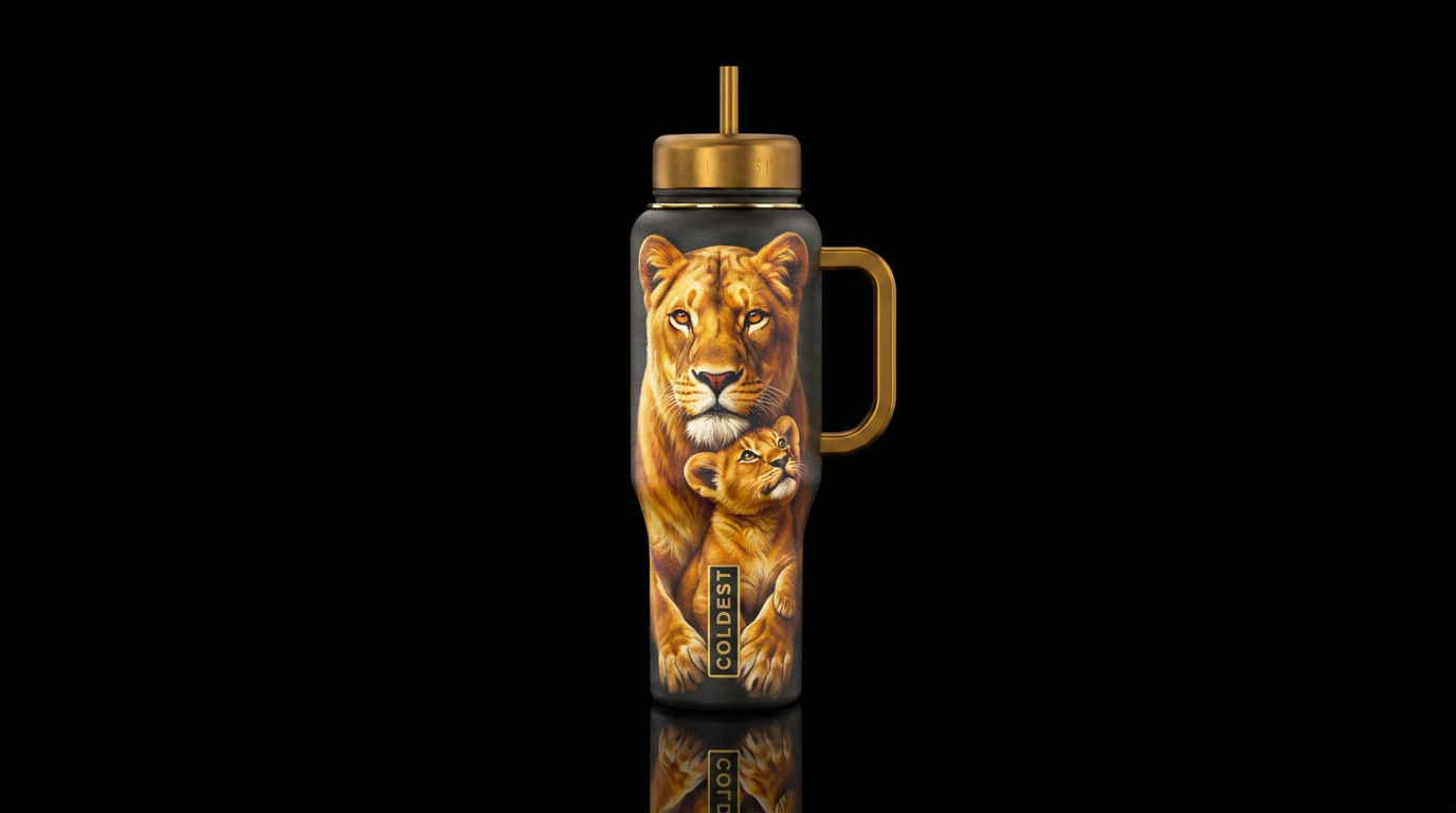 Mama and baby lion water bottle design
