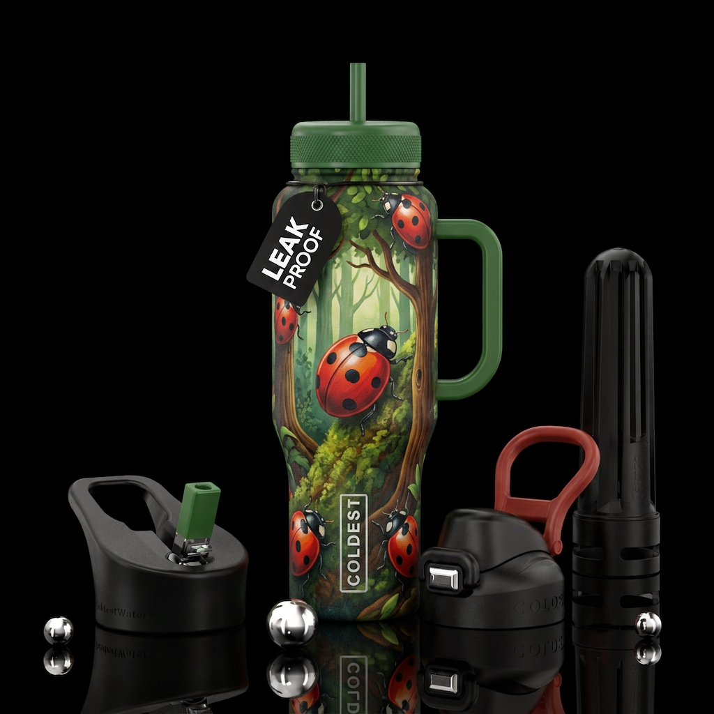 Ladybugs, trees water bottle design