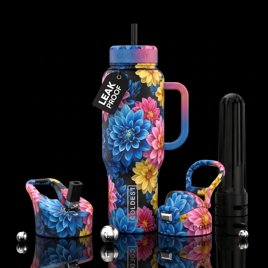 Vibrant flowers, blue, pink, yellow water bottle design