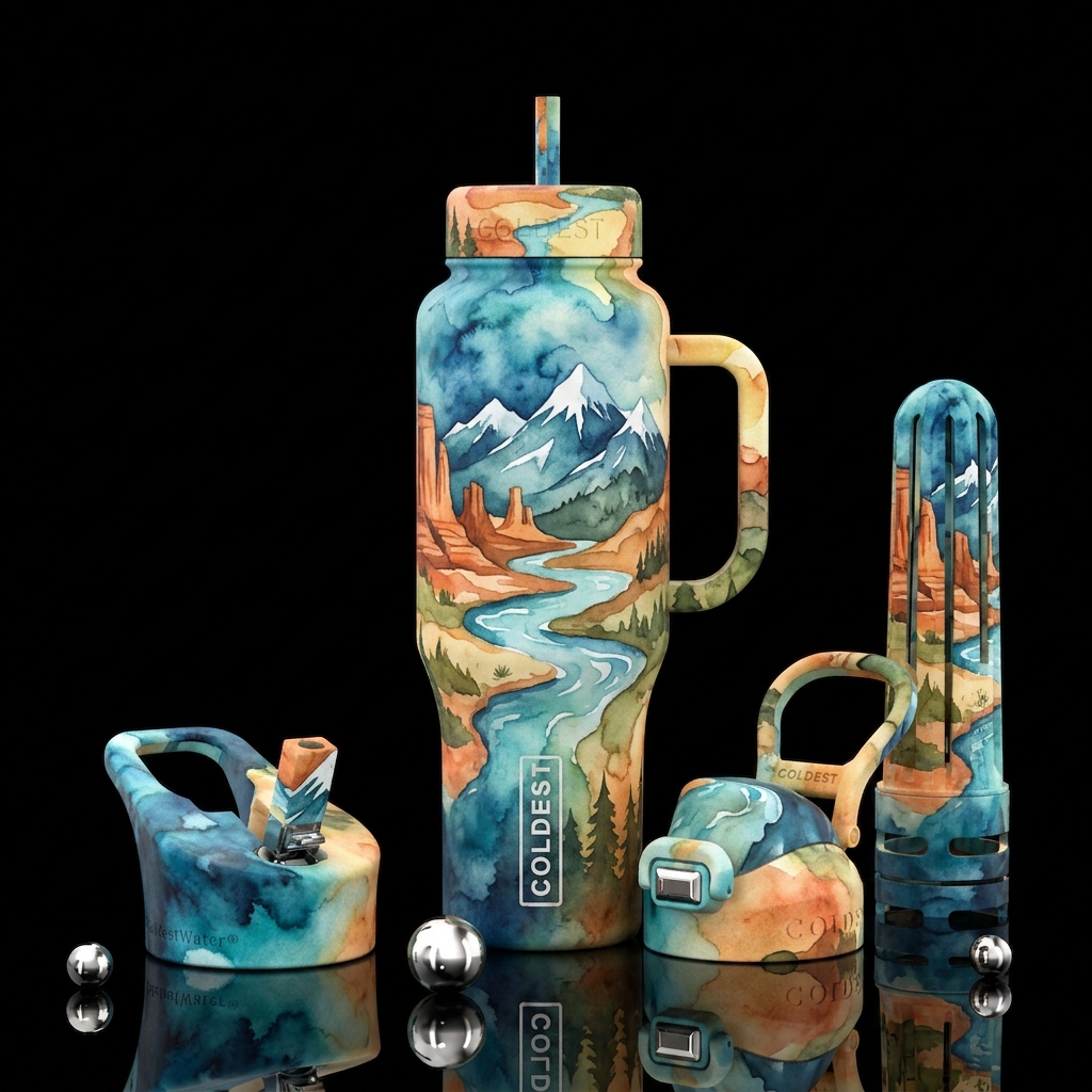 Water color adventures water bottle design
