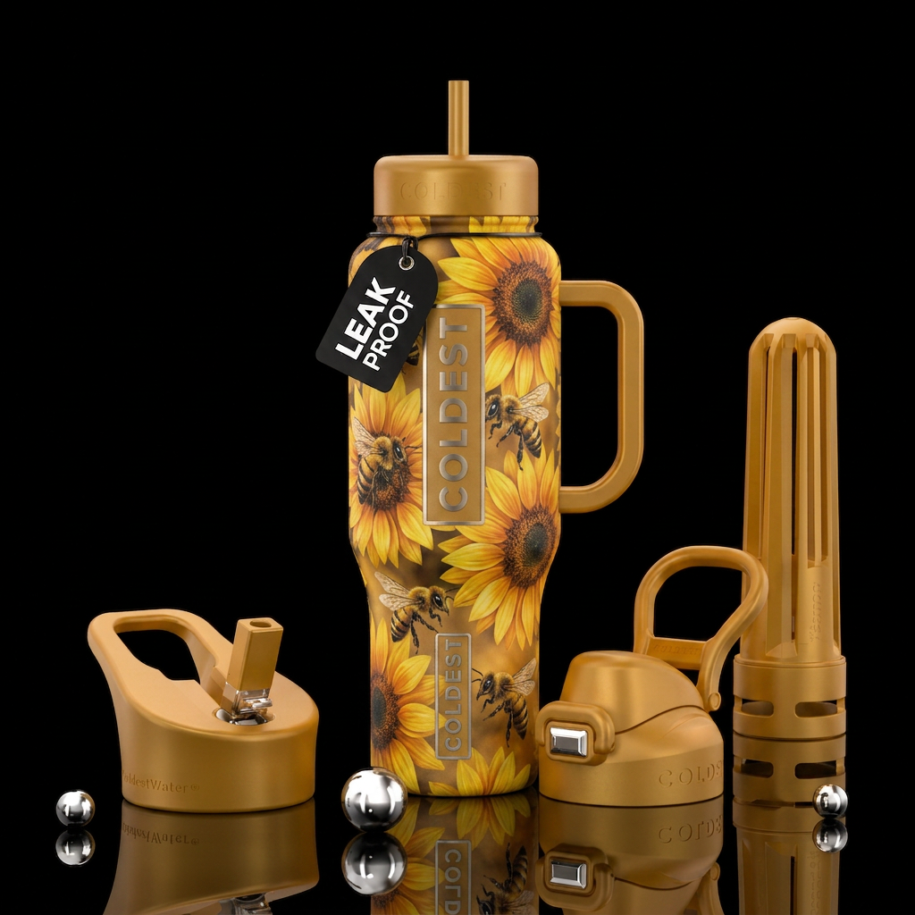 Sunflowers and honeybees water bottle design