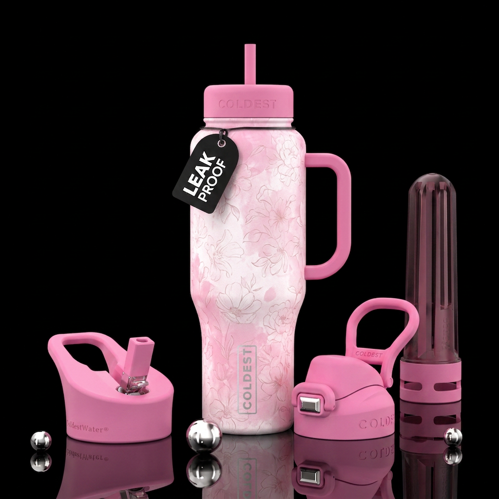 White background with faint flowers, pink water bottle design