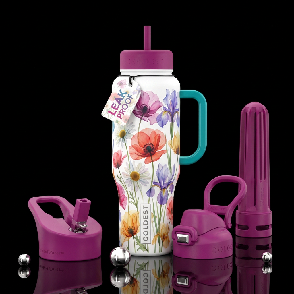 White background with faint see through flowers water bottle design