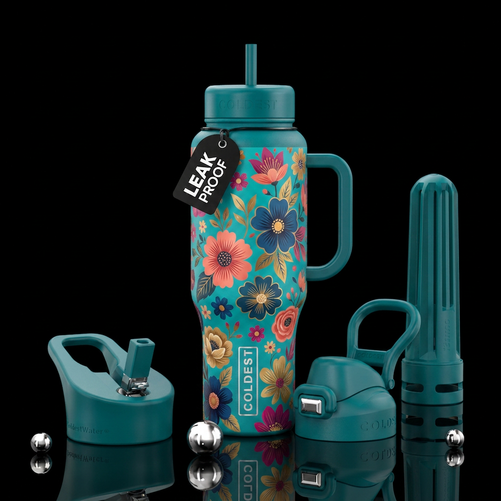 Teal design with flowers water bottle design