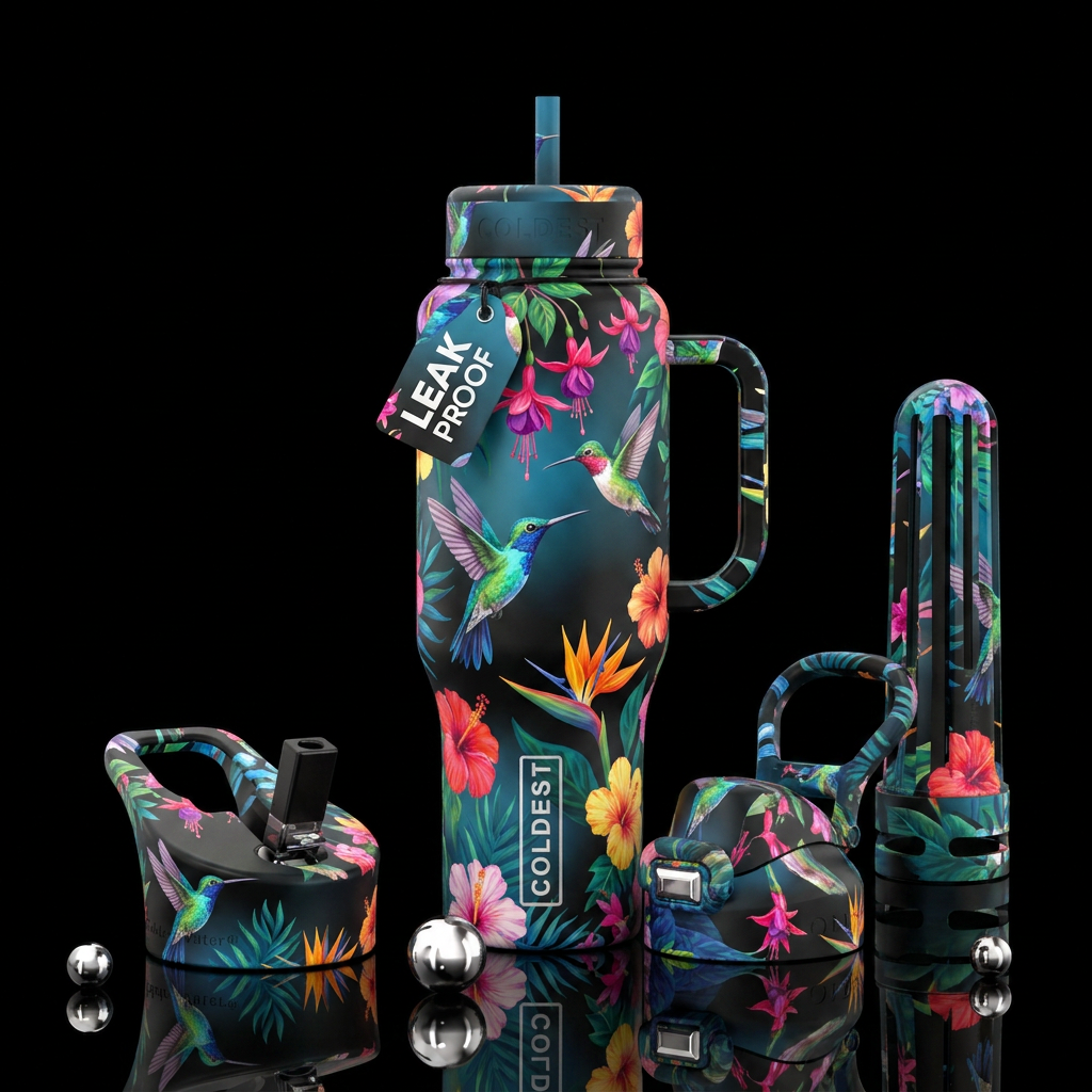 Hummingbird, flowers water bottle design