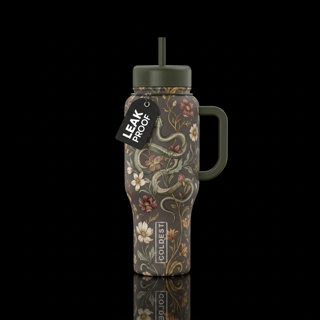 The Serpent & Wildflowers water bottle design