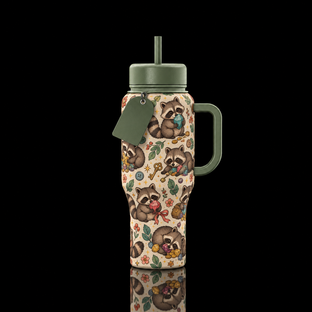Raccoon Treasures water bottle design