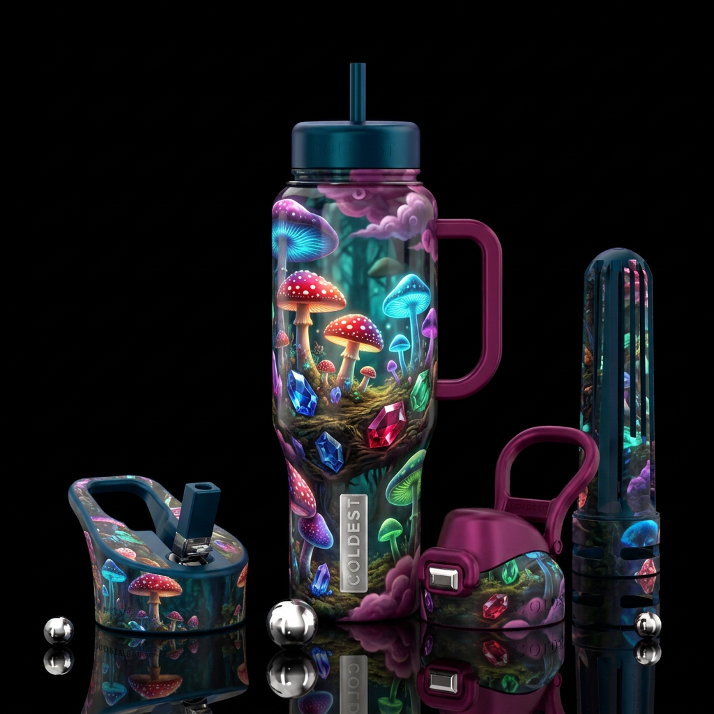 mushroom forest, water bottle design