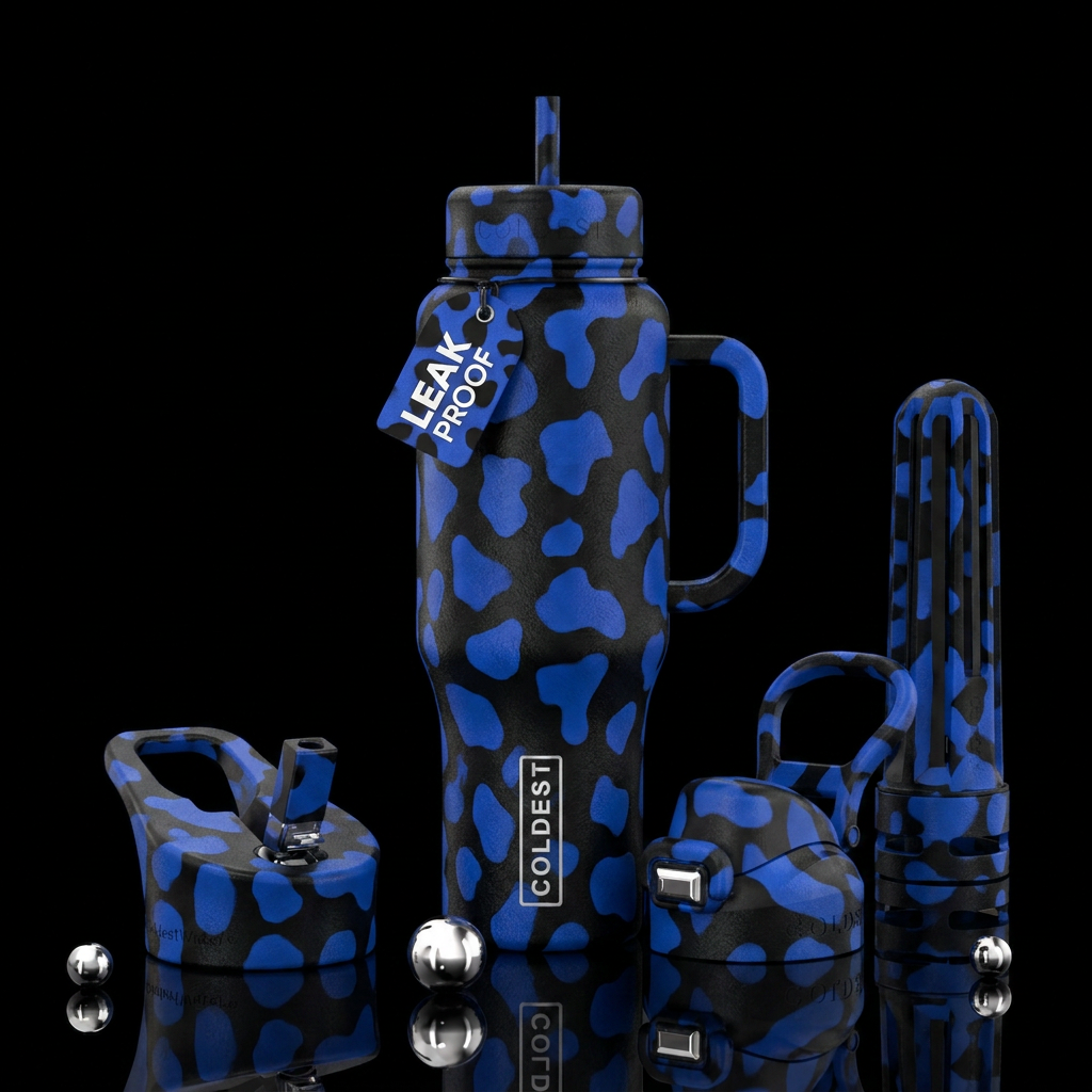 Black and blue cow water bottle design