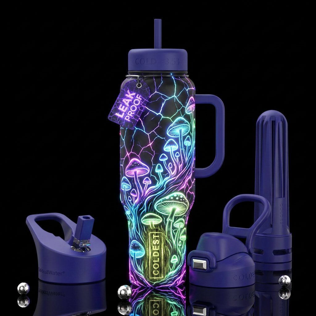 Neon cracked mushrooms water bottle design