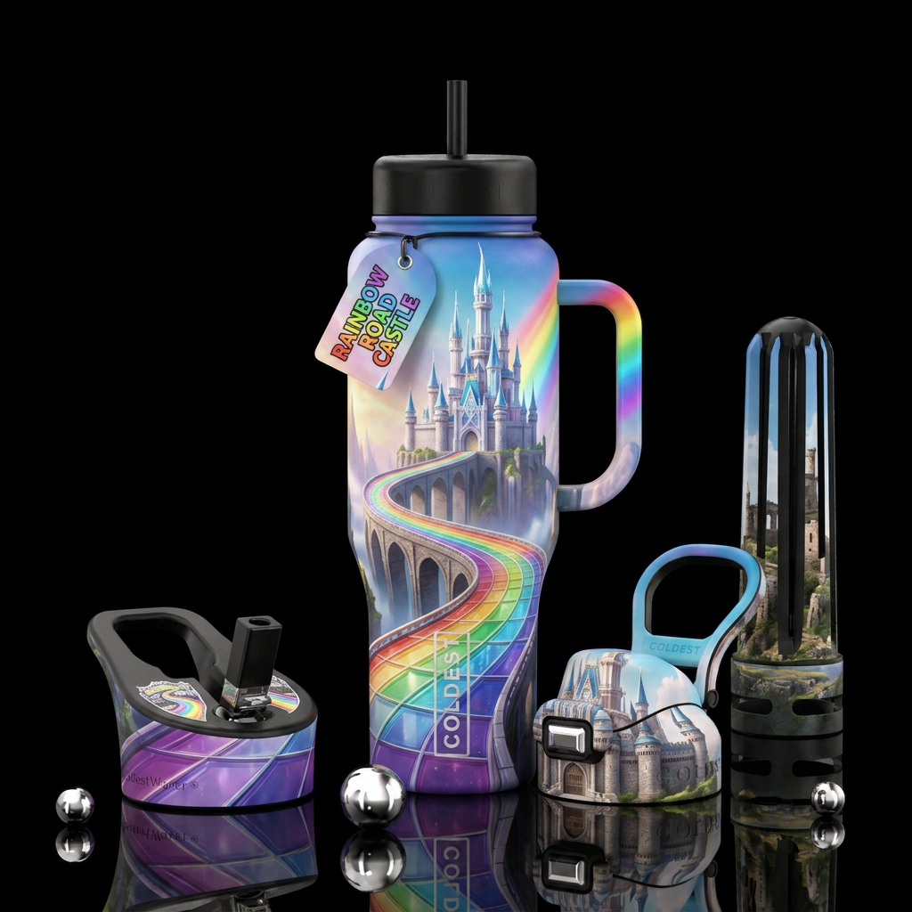 Rainbow road castle water bottle design