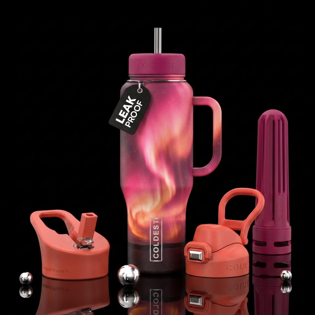 Pink and orange northern lights and water bottle design