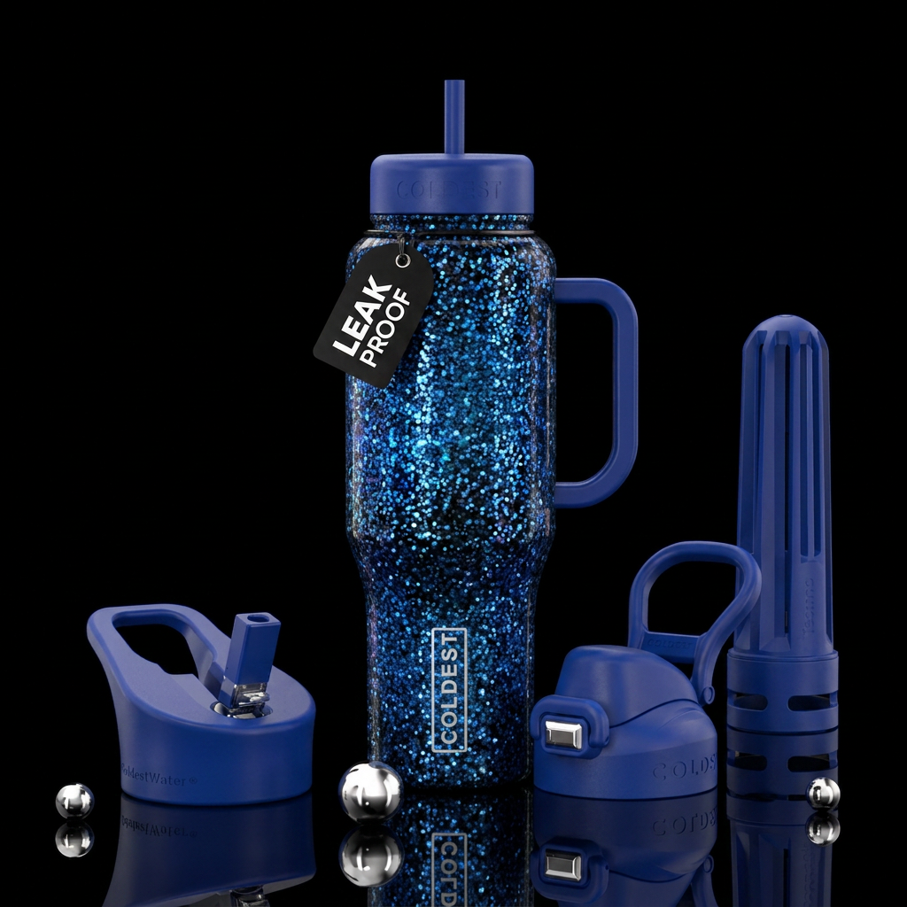 Sparkly blue water bottle design