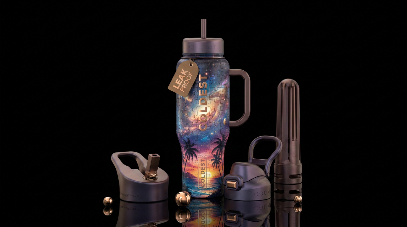 Beach puzzle art water bottle design