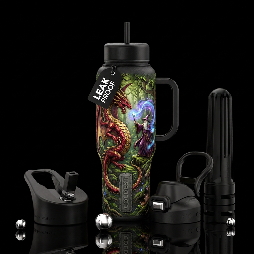 Dragon and wizard water bottle design