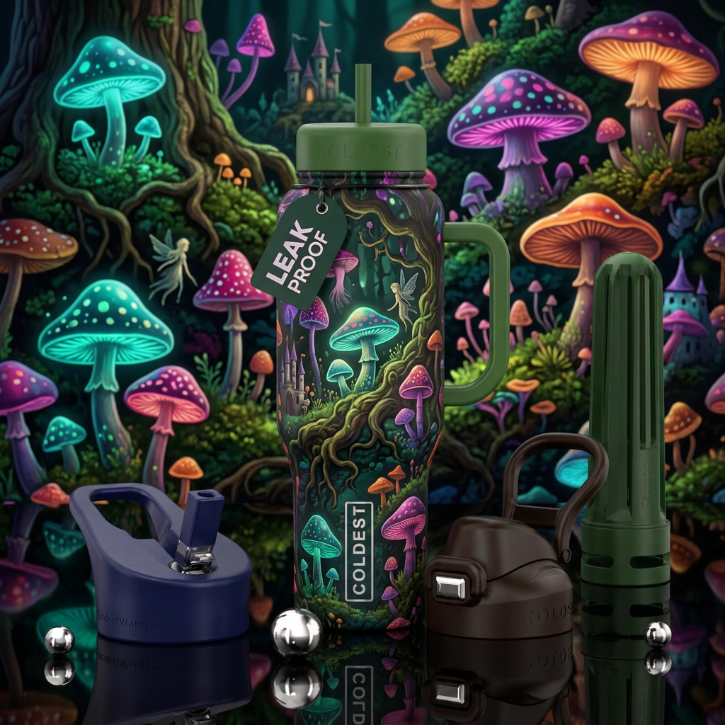 Mushroom forest water bottle design
