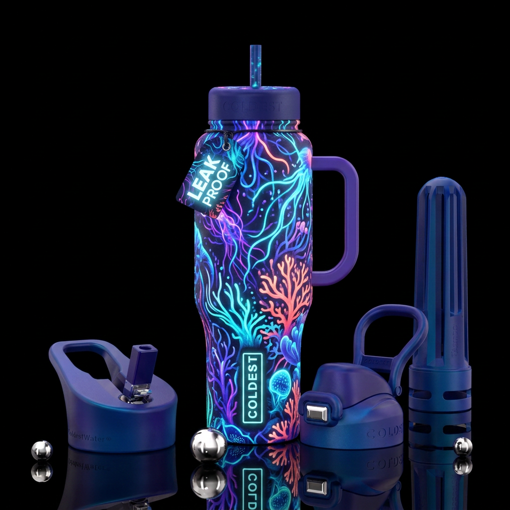 bioluminescent, neon, glowie, vibrant, beautiul water bottle design