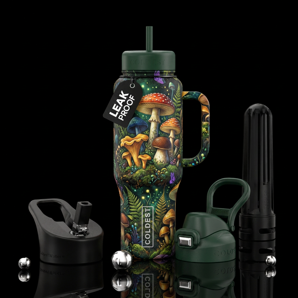 Mushroom forest water bottle design