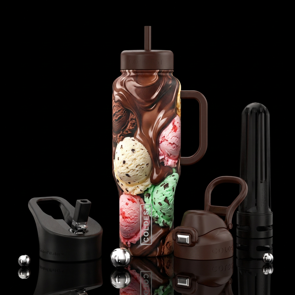 Melting chocolate over ice cream water bottle design