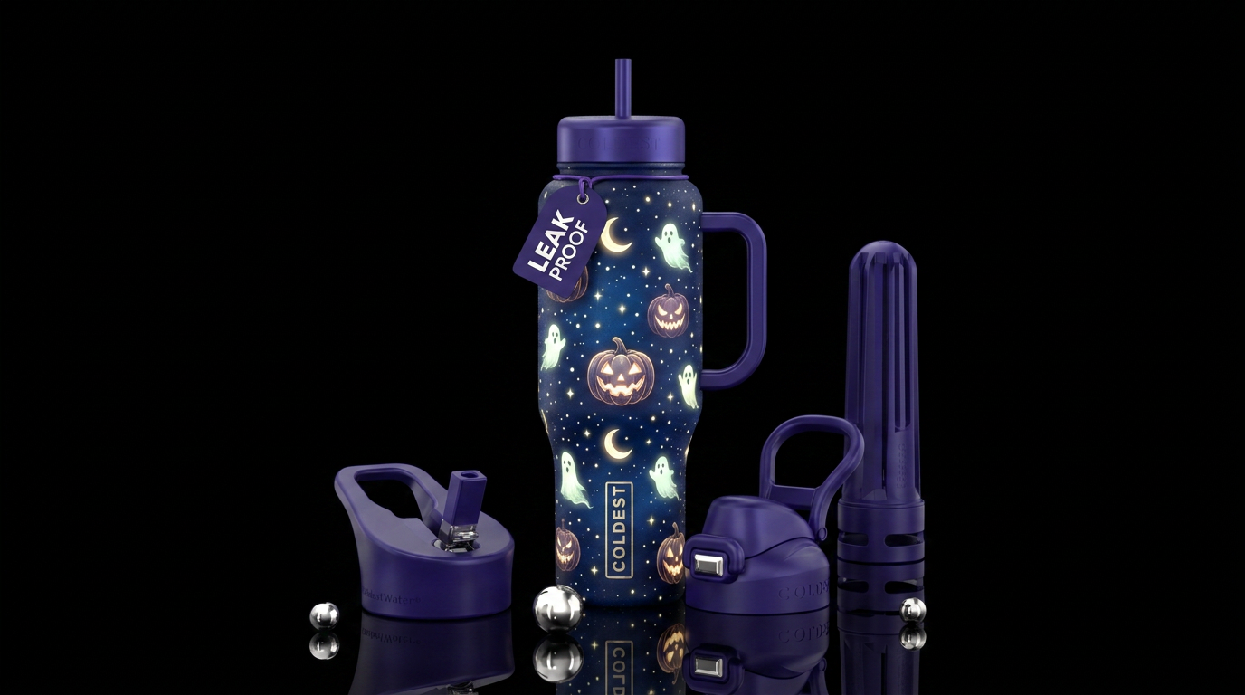Ghost and pumpkins water bottle design