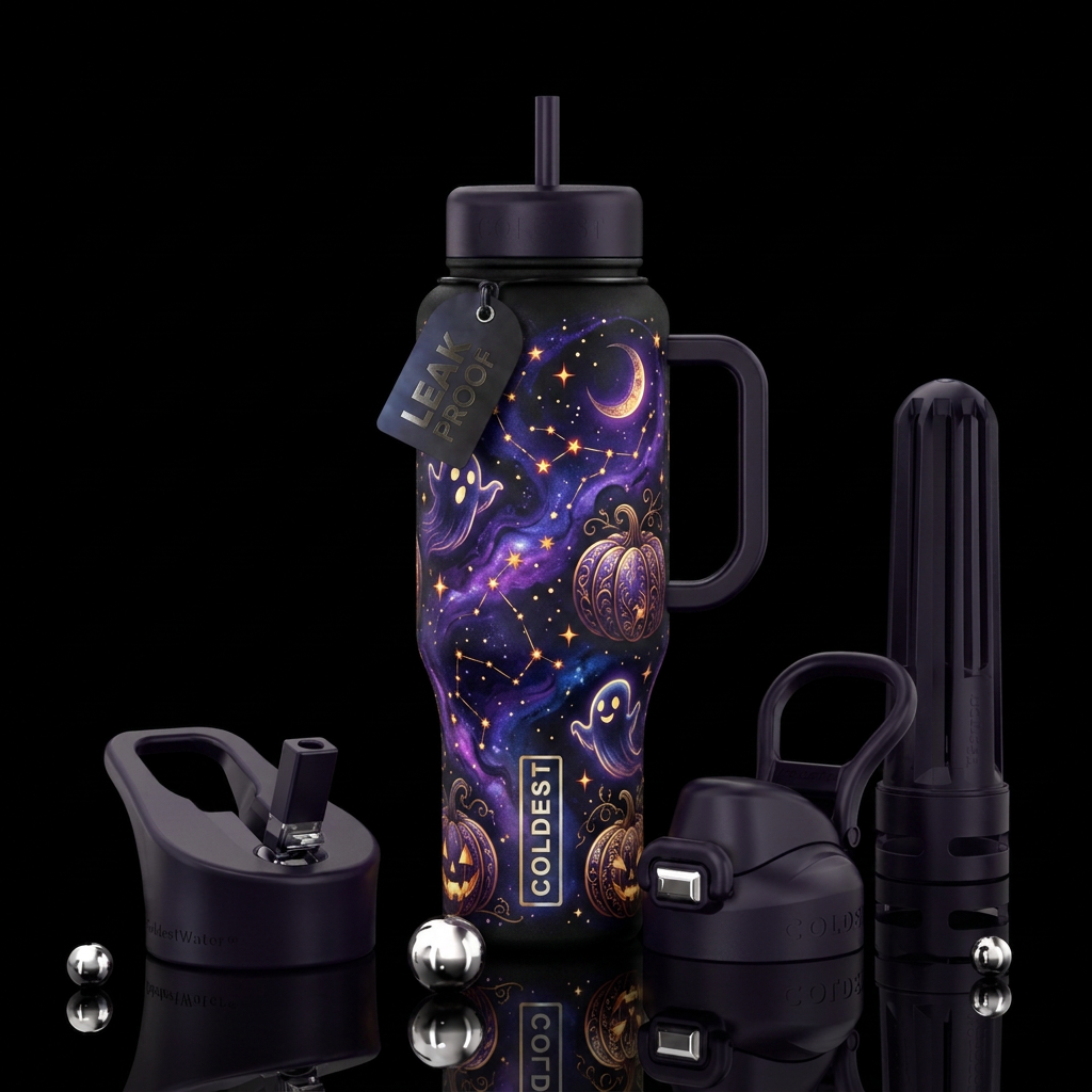 Ghost and pumpkins water bottle design