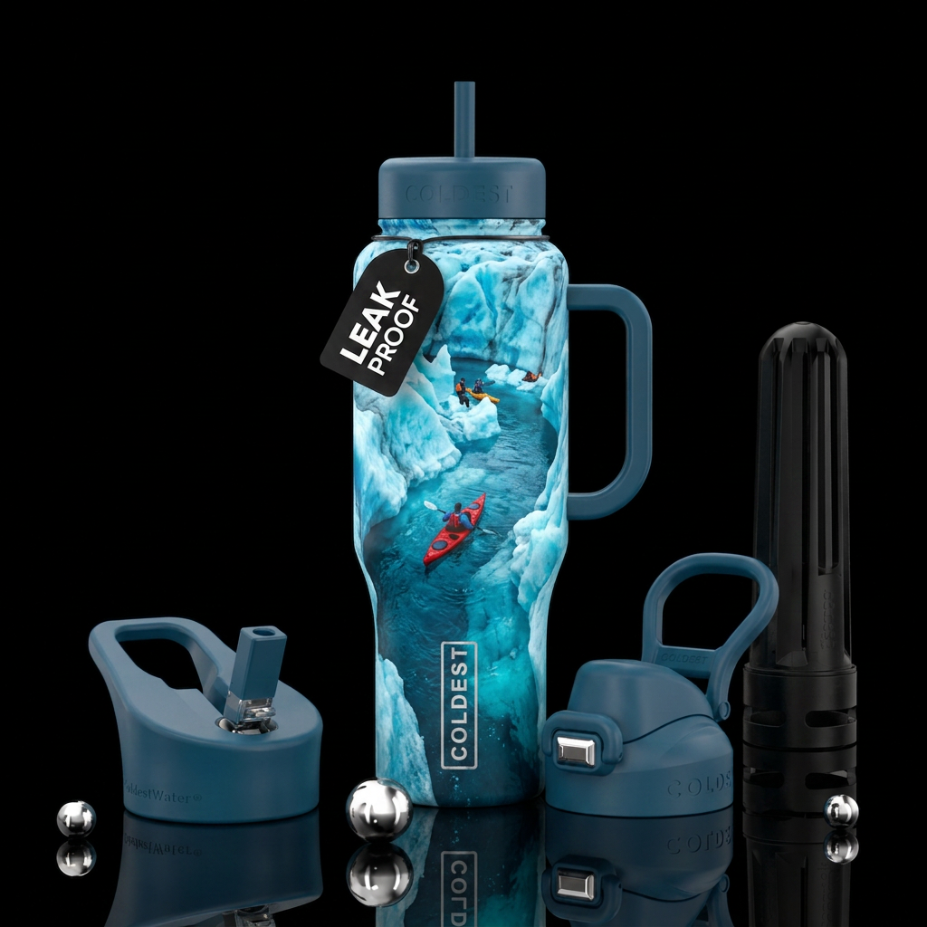 Kayaking icy river water bottle design