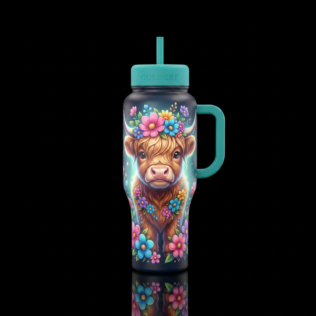 Highland cow water bottle design