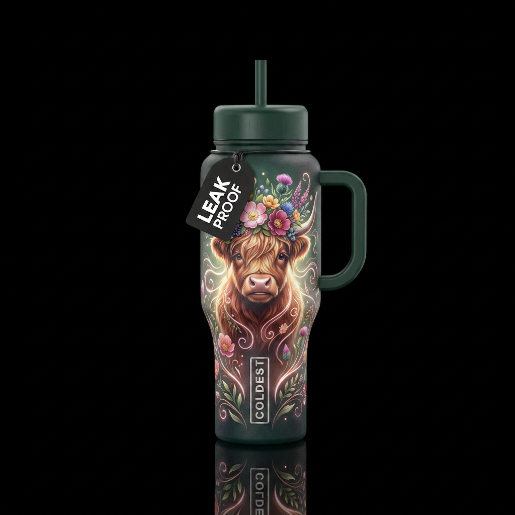 Highland cow water bottle design