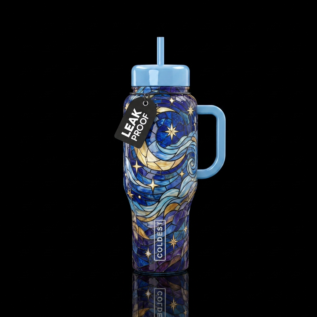 Stained glass starry night water bottle design
