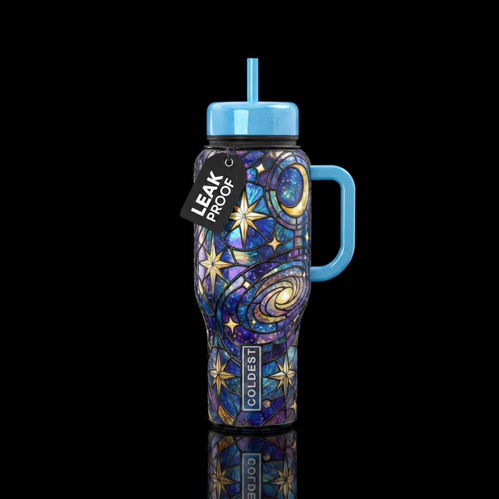 stained glass starry night water bottle design