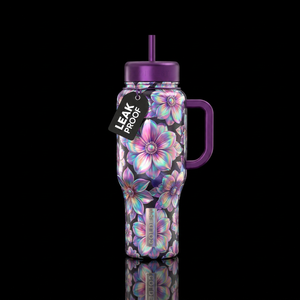 Holographic flowers water bottle design