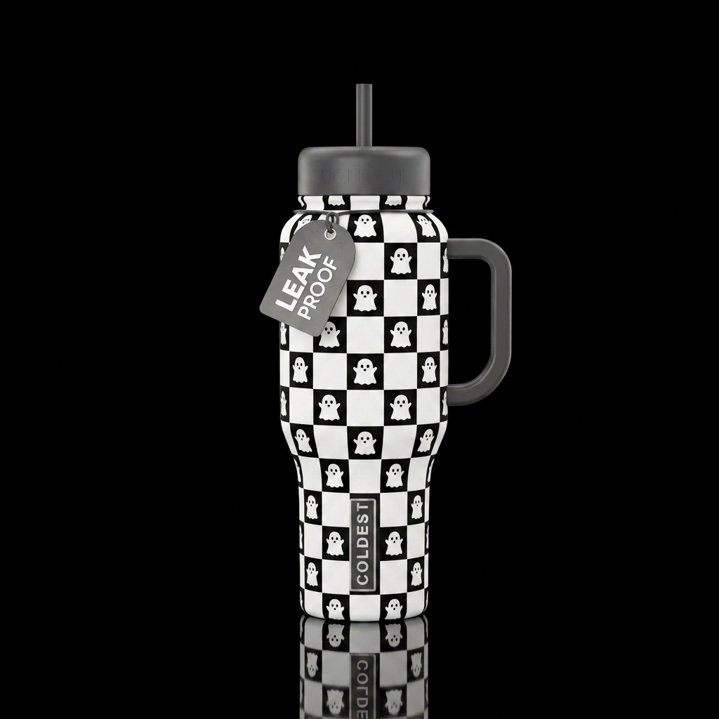Checkered ghost water bottle design
