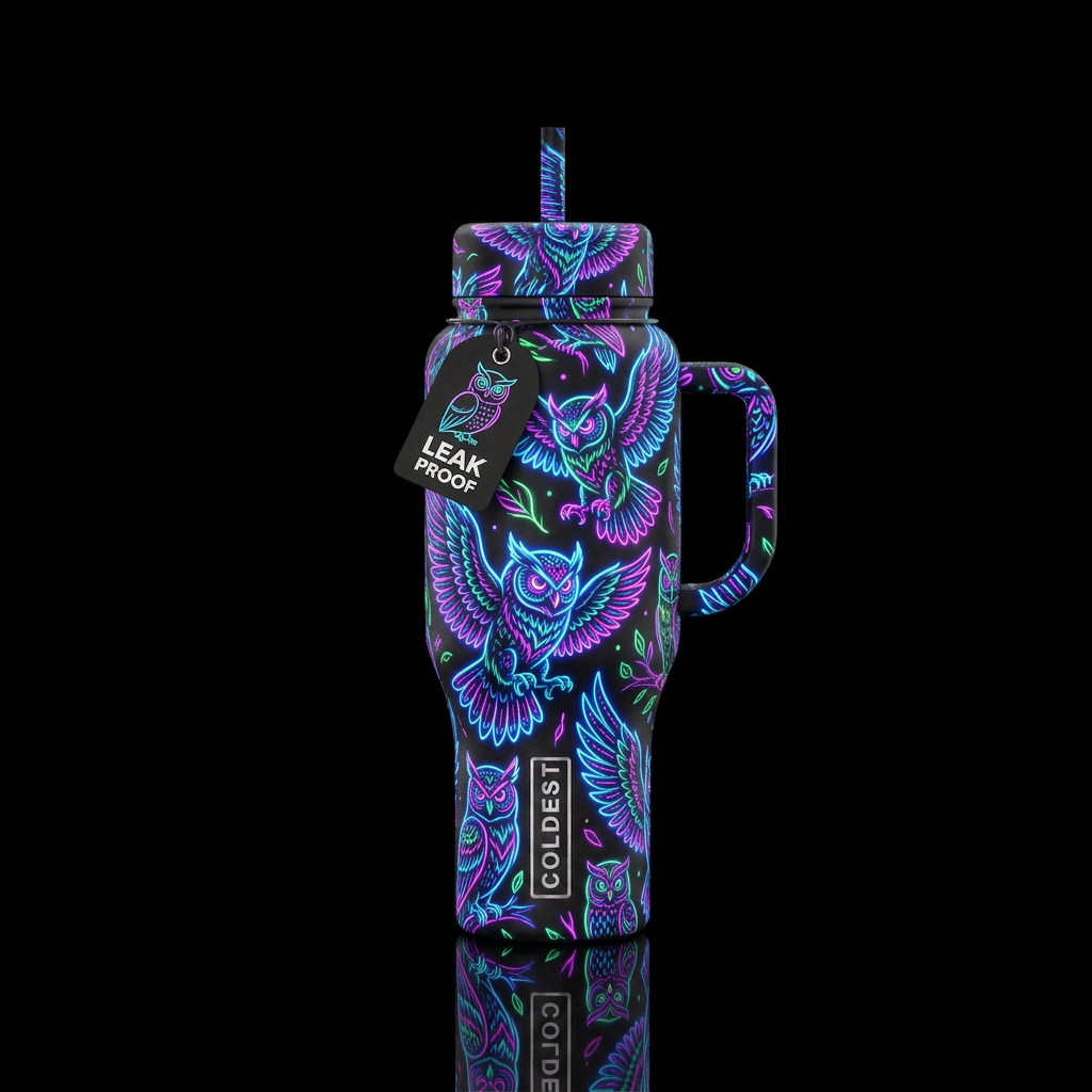 Glowie owls water bottle design
