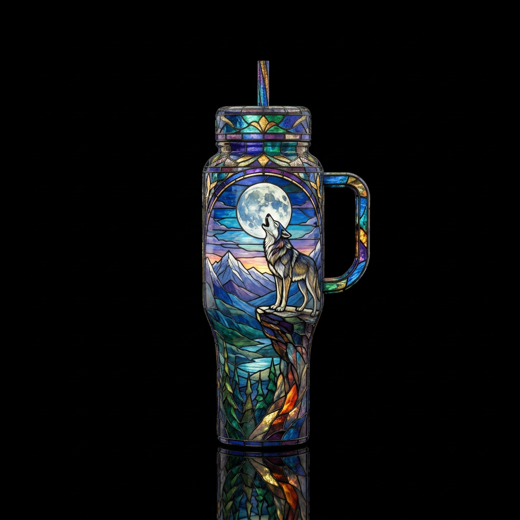 Stained glass wolf water bottle design