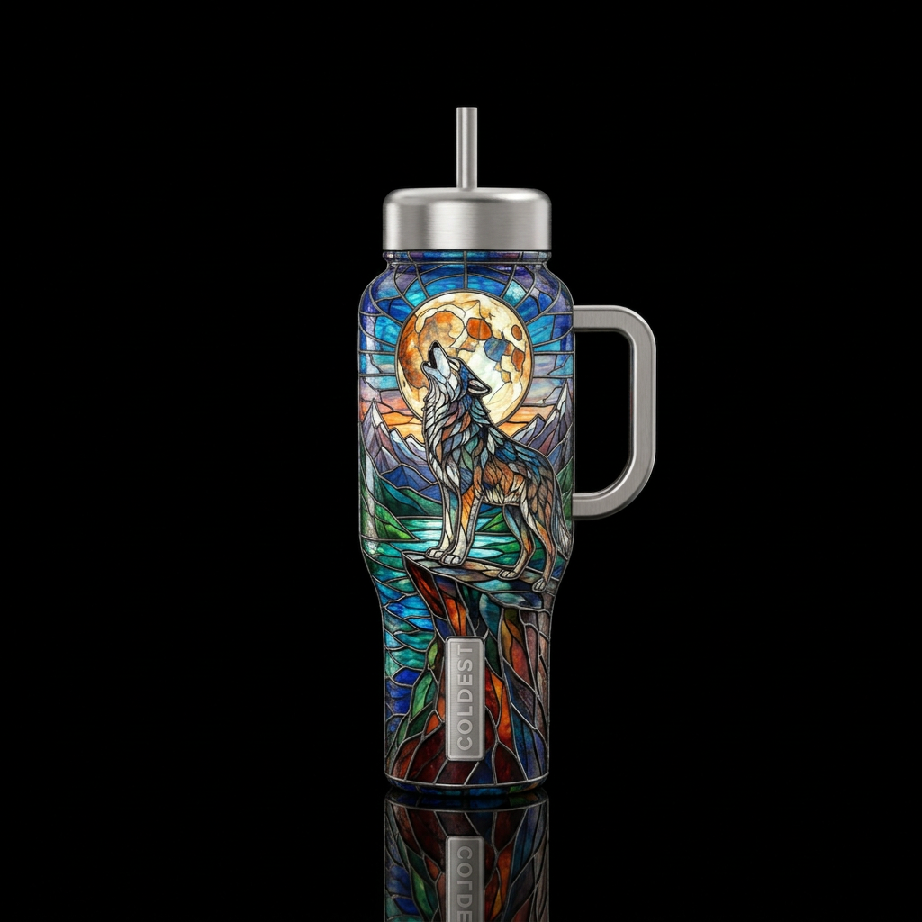 Stained glass wolf water bottle design