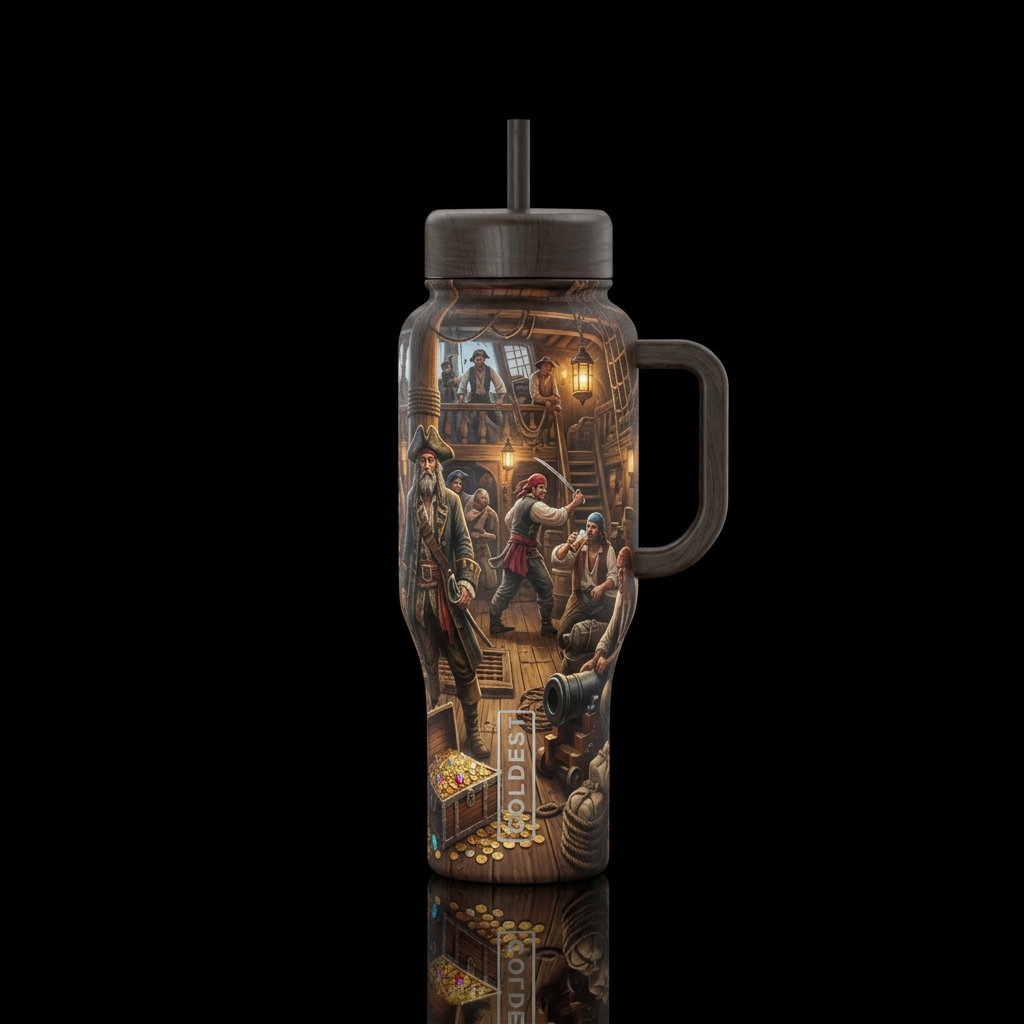 Inside a pirate ship water bottle design