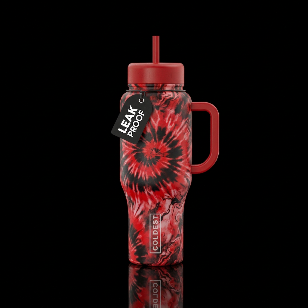 Red and black tie dye, marble water bottle design