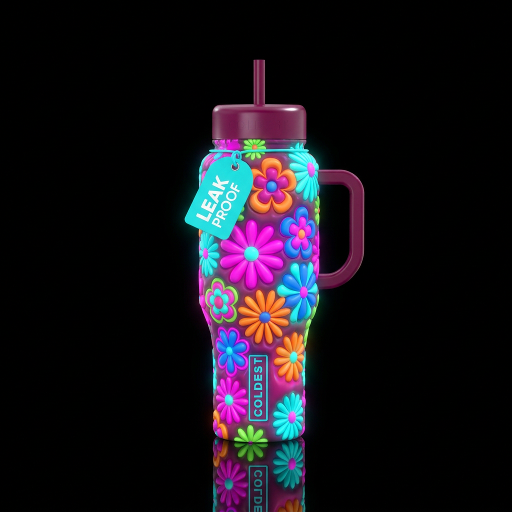 70s flowers water bottle design