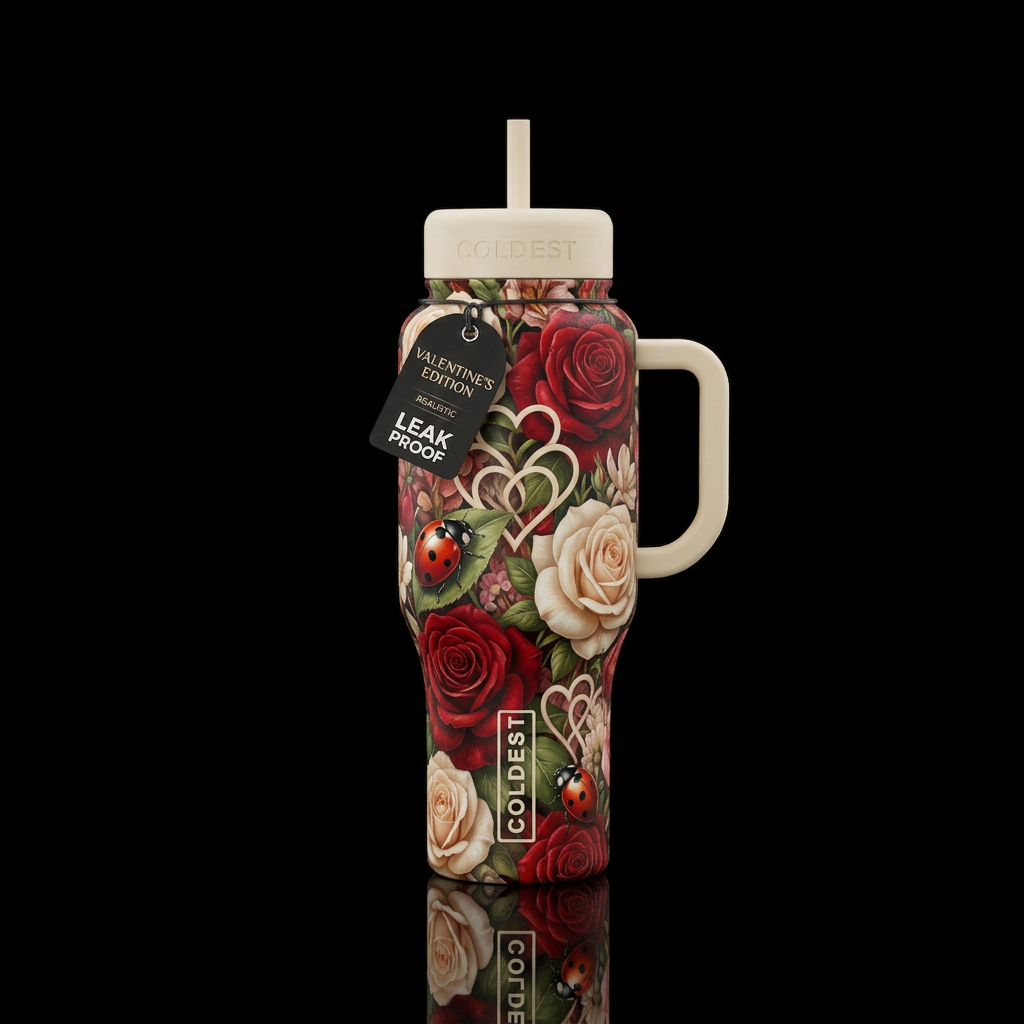 Roses and ladybugs water bottle design