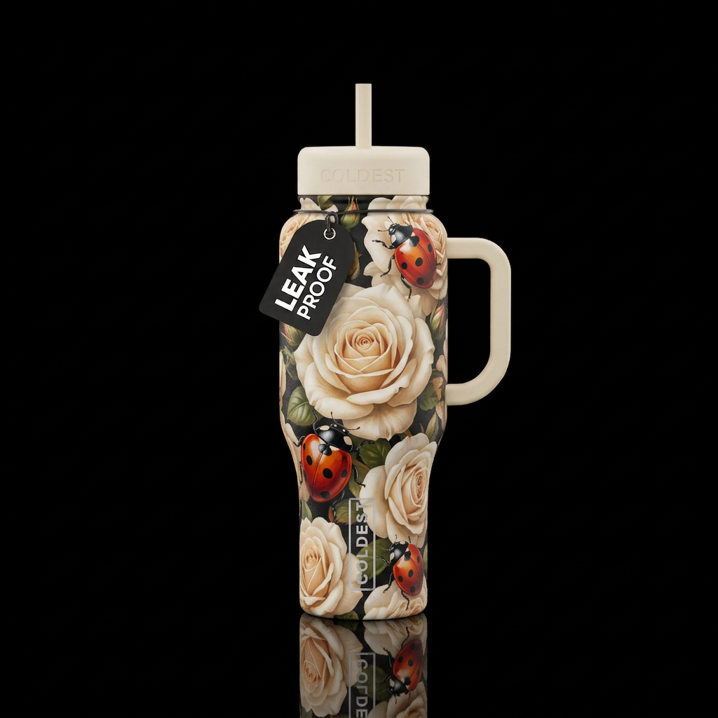 Roses and ladybugs water bottle design