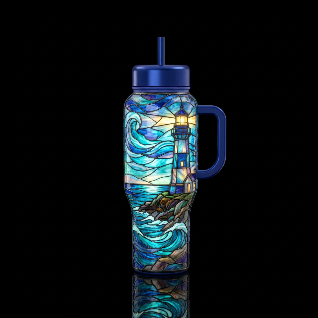 Stained glass lighthouse water bottle design
