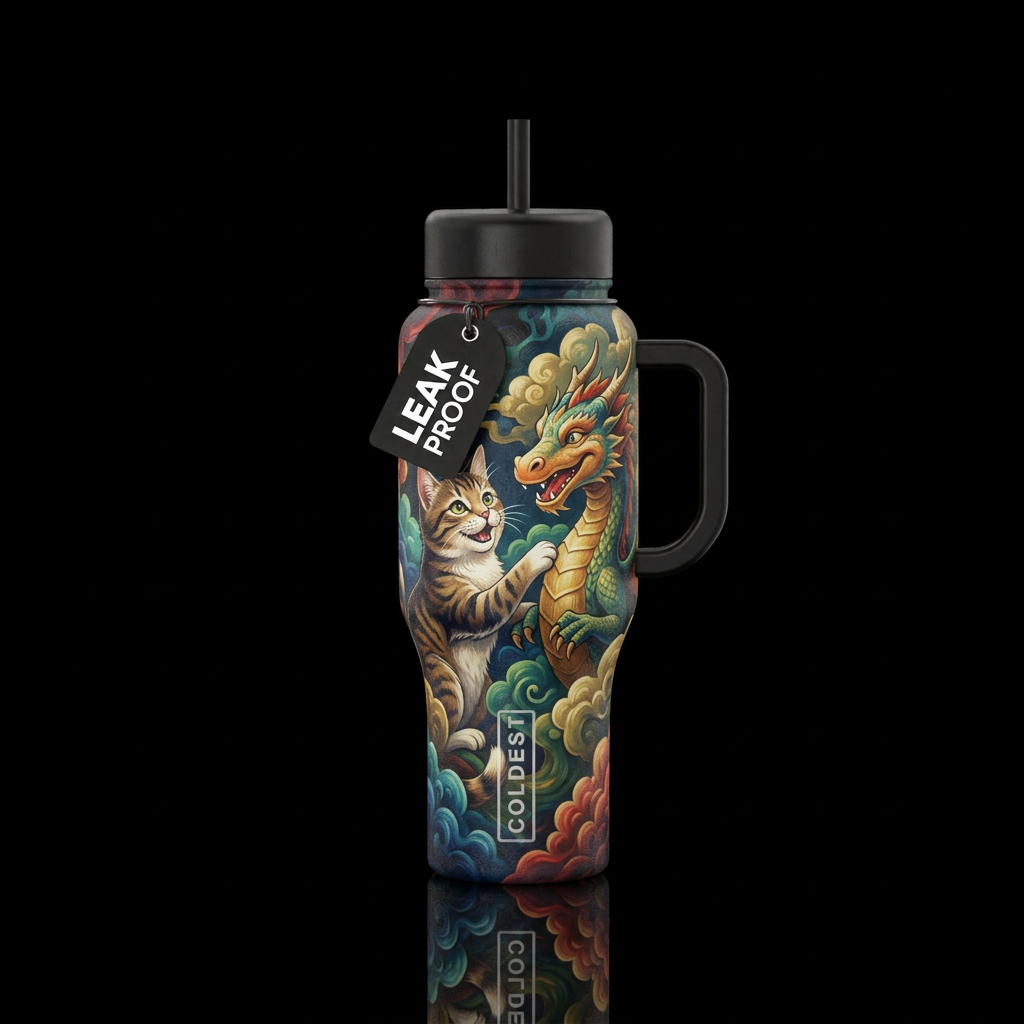 Cat and dragon water bottle design