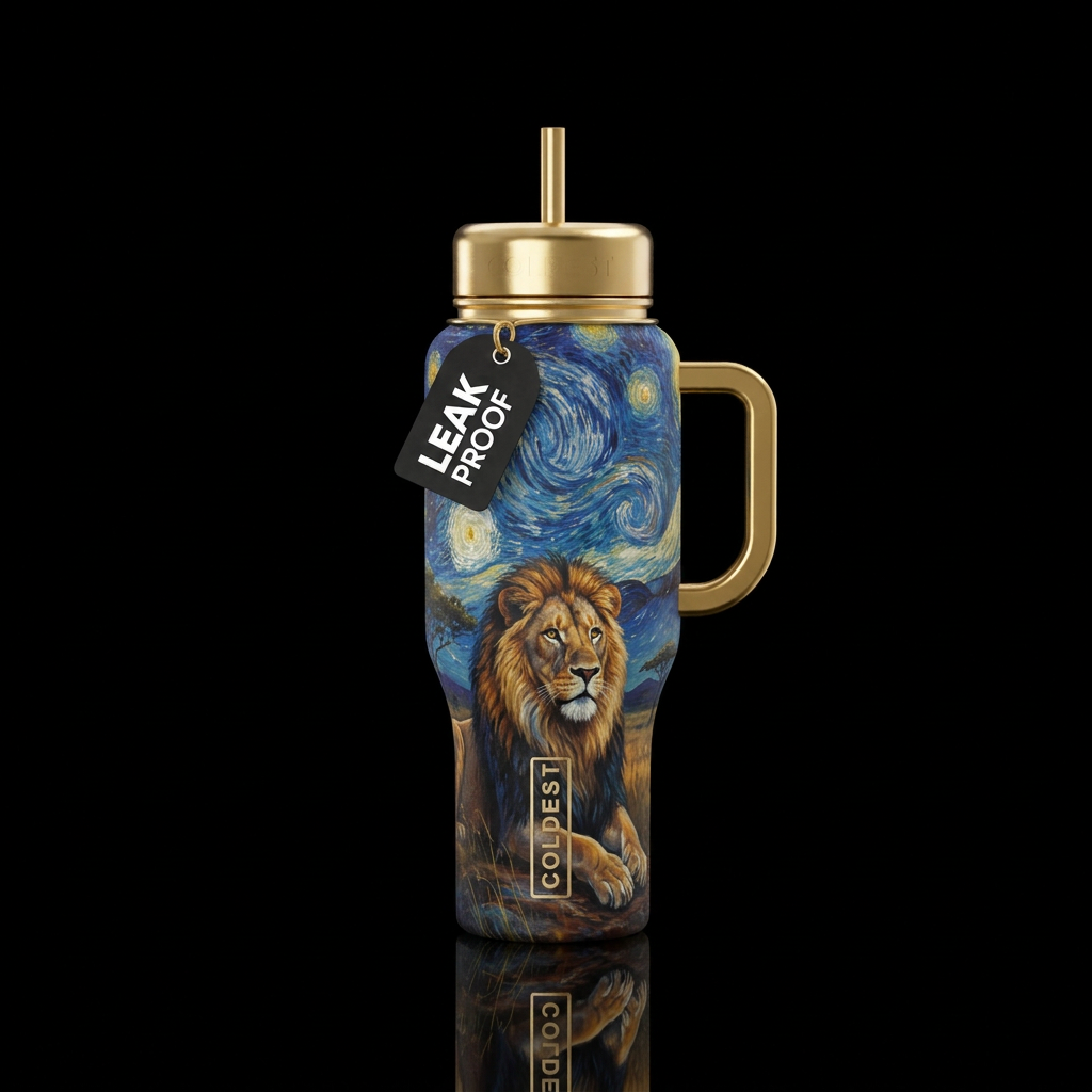 Lion starry night water bottle design