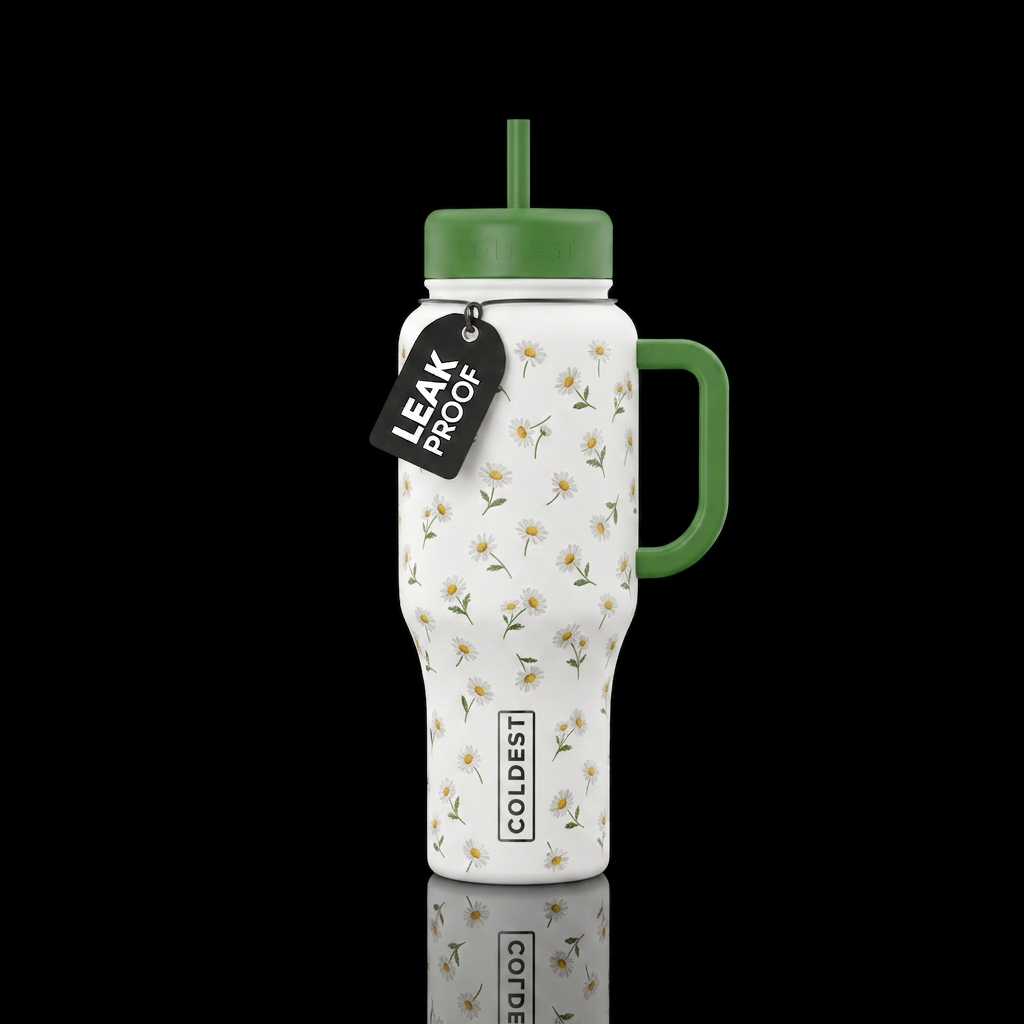 White background with little daisy flowers water bottle design